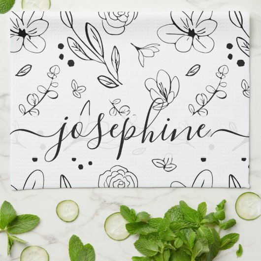 Personalisiert Einfaches Schwarz-weißes Blumenmust Geschirrtuch (Gefaltet)