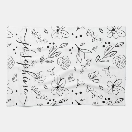 Personalisiert Einfaches Schwarz-weißes Blumenmust Geschirrtuch (Horizontal)