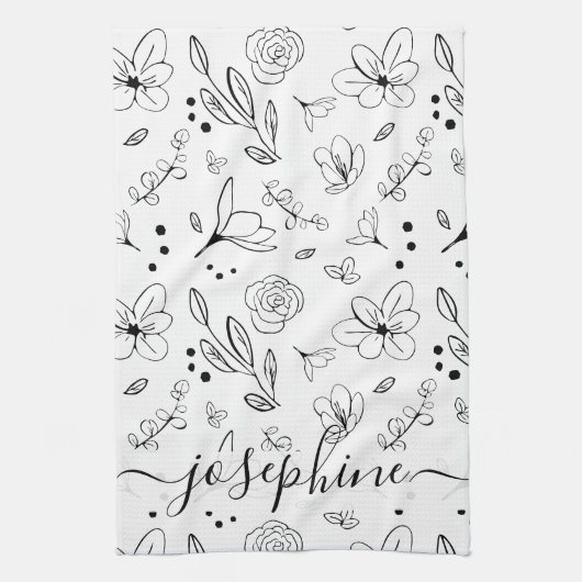 Personalisiert Einfaches Schwarz-weißes Blumenmust Geschirrtuch (Vertikal)