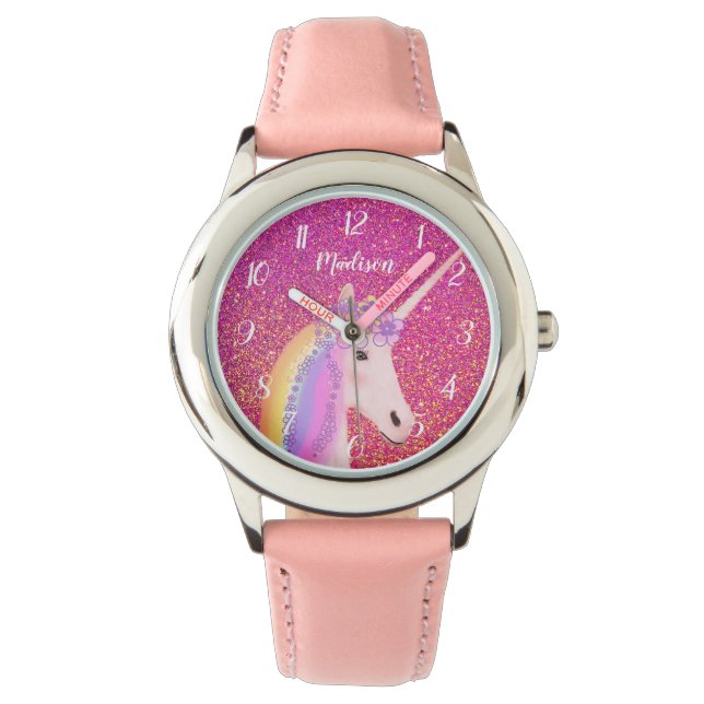 Personalisiert Einhorn Rosa Glitzer Sparkle Kid's Armbanduhr (Vorderseite)