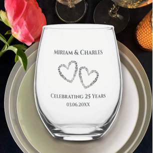 Personalisiert Elegant Modernes Herz 25 Jahre alt Weinglas Ohne Stiel
