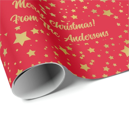 Personalisiert Elegante Red Gold Stars Weihnachten Geschenkpapier (Rolleneckpunkt)