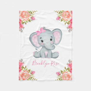 Personalisiert Elephant Floral Baby Girl Fleecedecke