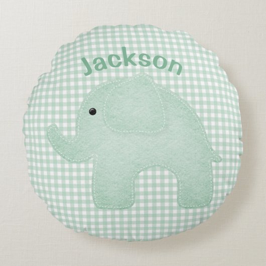 Personalisiert Elephant Green Kariert Gingham Kind Rundes Kissen (Vorderseite)