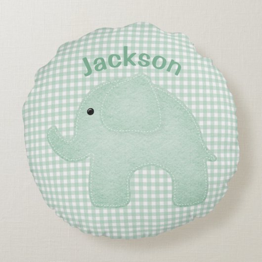 Personalisiert Elephant Green Kariert Gingham Kind Rundes Kissen (Rückseite)