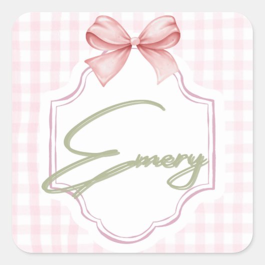 Personalisiert Emery Baby Girl Kinderzimmer Bow&Gi Quadratischer Aufkleber (Vorderseite)