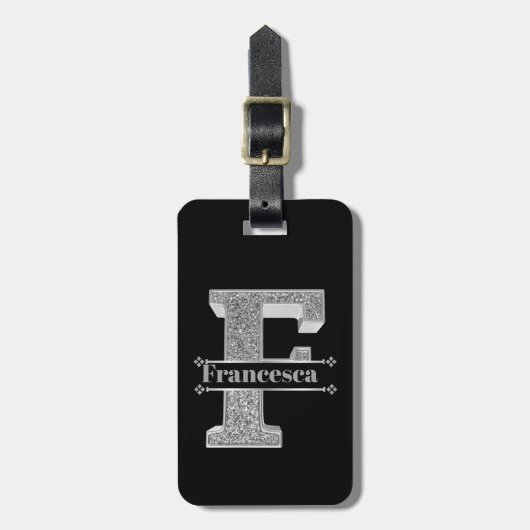 Personalisiert F Initial Silver Monogram Ihr Name Gepäckanhänger (Vorderseite vertikal)