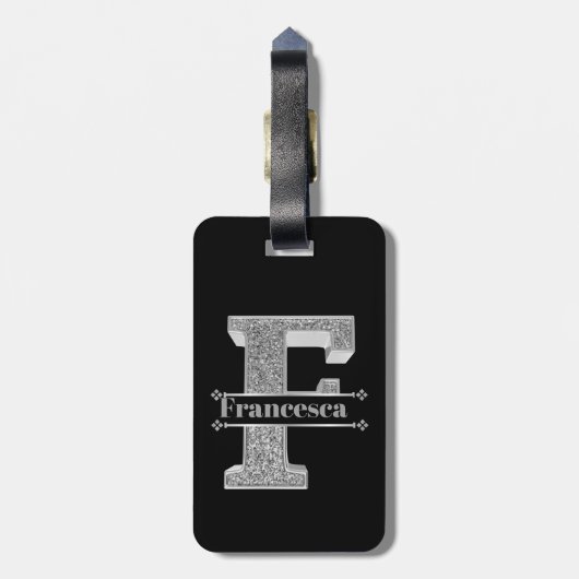 Personalisiert F Initial Silver Monogram Ihr Name Gepäckanhänger (Rückseite vertikal)