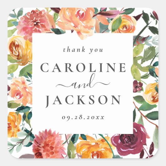 Personalisiert Fall Floral Vielen Dank Quadratischer Aufkleber (Vorderseite)