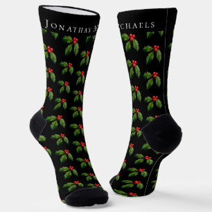 Personalisiert Festivals Holly Berry Black Holiday Socken