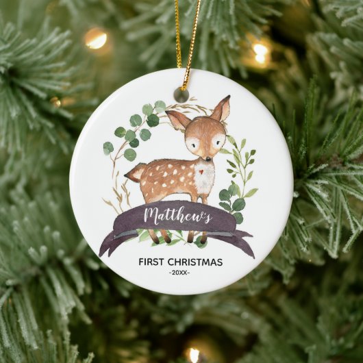 Personalisiert First Christmas Baby BoyWoodland Keramik Ornament (Baum)