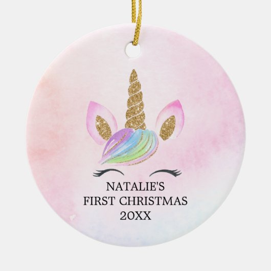 Personalisiert First Christmas Girl Unicorn Glitze Keramik Ornament (Vorne)