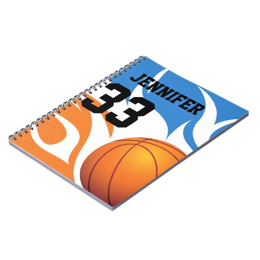 Personalisiert Flaming Basketball Blau und Orange Notizblock (Linke Seite)
