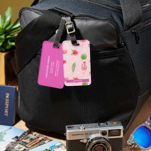 Personalisiert Flamingo Flair & Monstera Gepäckanhänger (Vorderseite & Rückseite)