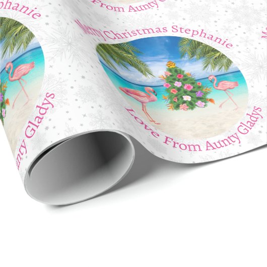 Personalisiert Flamingo Tropischer Weihnachtsbaum Geschenkpapier (Rolleneckpunkt)