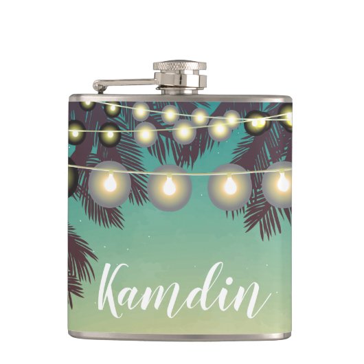 Personalisiert Flask Beach Sunset Palm Tree String Flachmann (Vorderseite)