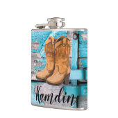 Personalisiert Flask Blue Wood Barn Doot Boots Cou Flachmann (Links)