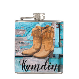 Personalisiert Flask Blue Wood Barn Doot Boots Cou Flachmann
