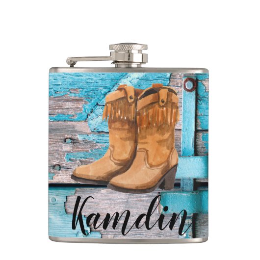 Personalisiert Flask Blue Wood Barn Doot Boots Cou Flachmann (Vorderseite)