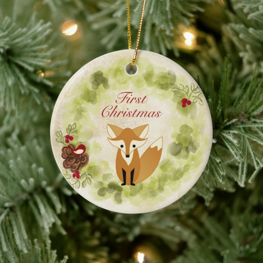 Personalisiert Fox and Wreath Baby's First Christm Keramikornament (Baum)
