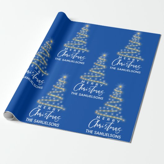 Personalisiert frohe Weihnachten Gold Tree Blue Geschenkpapier (Ungerollt)