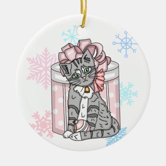 Personalisiert Frohe Weihnachten Gray Kitten Pink Keramik Ornament (Vorne)
