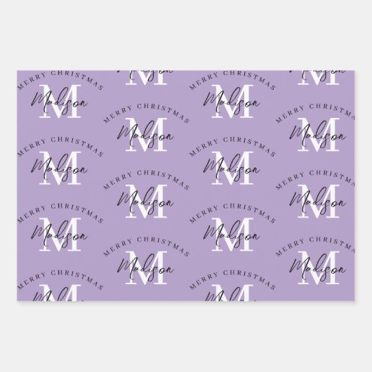 Personalisiert Frohe Weihnachten Lila Monogram Geschenkpapier Set (Vorderseite 3)