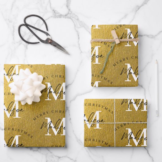 Personalisiert Frohe Weihnachten Luxus Gold Monogr Geschenkpapier Set (Vorderseite)
