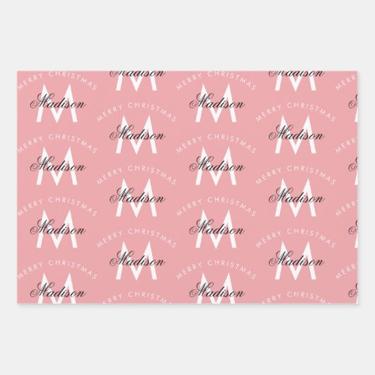 Personalisiert Frohe Weihnachten Rosa Monogramm Geschenkpapier Set (Vorderseite 2)