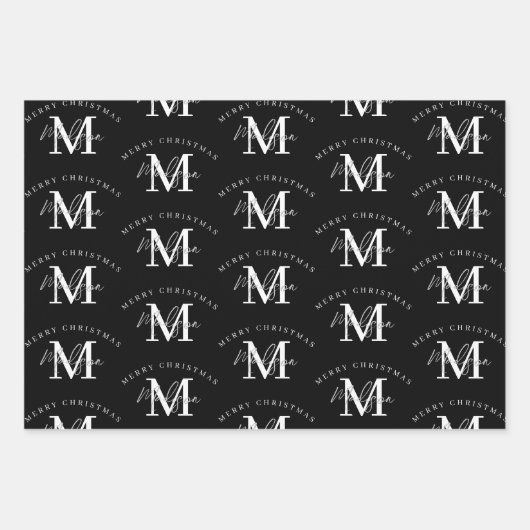 Personalisiert Frohe Weihnachten Schwarz-weiß Mono Geschenkpapier Set (Vorderseite)