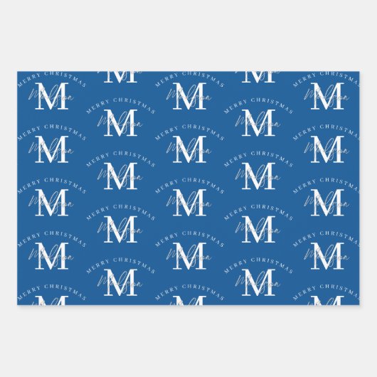 Personalisiert Frohe Weihnachts-Blue-White-Monogra Geschenkpapier Set (Vorderseite 3)