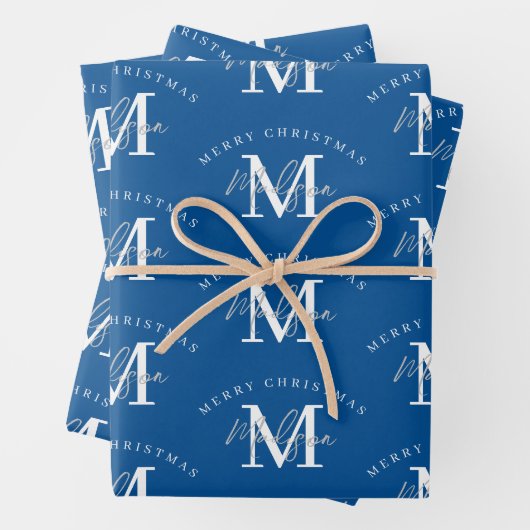 Personalisiert Frohe Weihnachts-Blue-White-Monogra Geschenkpapier Set (Beispiel)
