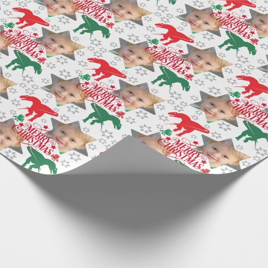 Personalisiert Frohe Weihnachts-Foto T-Rex Geschenkpapier (Ecke)