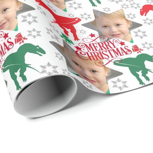 Personalisiert Frohe Weihnachts-Foto T-Rex Geschenkpapier (Rolleneckpunkt)