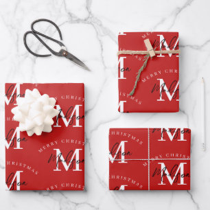 Personalisiert Frohe Weihnachts-Rote Monogramm Geschenkpapier Set