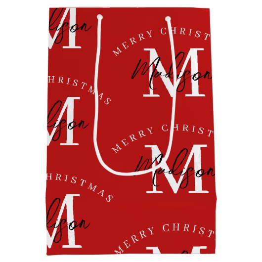 Personalisiert Frohe Weihnachts-Rote Monogramm Mittlere Geschenktüte (Rückseite)