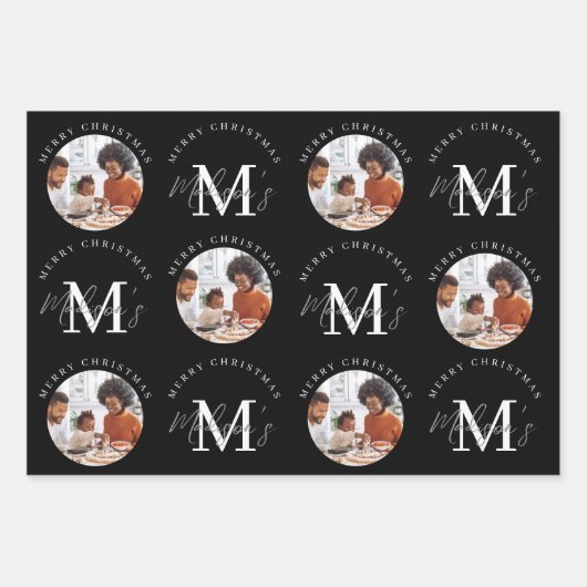 Personalisiert Frohe Weihnachts-Schwarz-Monogramm- Geschenkpapier Set (Vorderseite 3)