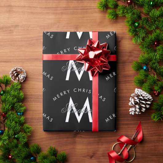 Personalisiert Frohe Weihnachts-Schwarze Monogramm Geschenkpapier (Feiertagsgeschenk)