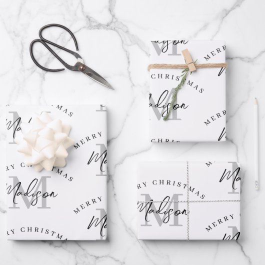 Personalisiert Frohe Weihnachts-White Monogram Geschenkpapier Set (Vorderseite)