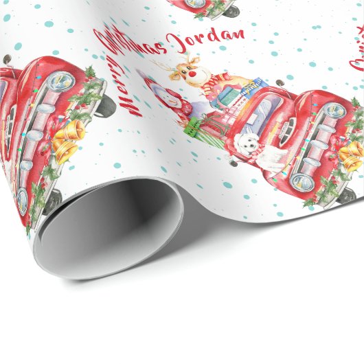 Personalisiert frohe Weihnachtstiere Red Truck Geschenkpapier (Rolleneckpunkt)