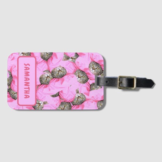 Personalisiert Funny Pink Cat Gepäckanhänger (Vorderseite (Horizontal))