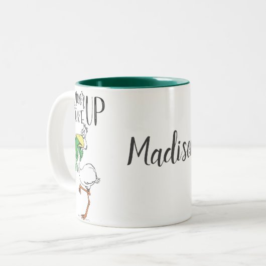 Personalisiert geben Sie niemals Pelican und Frosc Zweifarbige Tasse (Vorderseite Links)