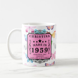 Personalisiert Geburtstag 1959 Schmetterlinge Rosa Kaffeetasse