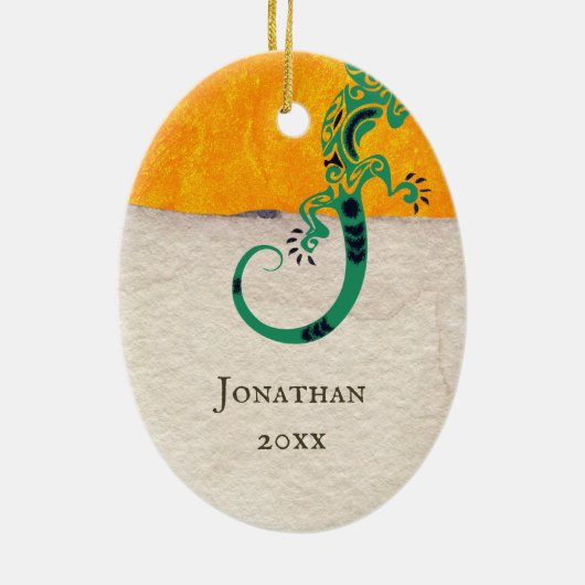 Personalisiert Gecko Lizard on Stone and Stucco Keramik Ornament (Hinten)