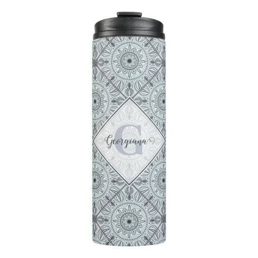 Personalisiert geflorale Harmonie Gray Mandala Thermosbecher (Vorderseite)