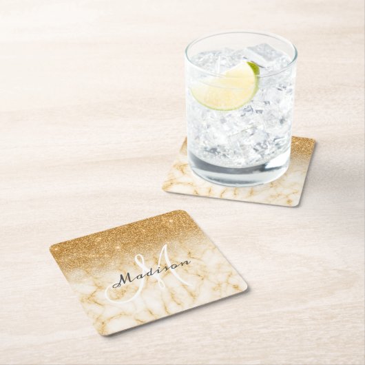 Personalisiert-Gelb-Gold-Glitzer-Monogramm-Marmor Rechteckiger Pappuntersetzer (Vor Ort)