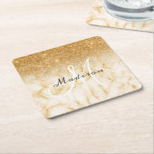 Personalisiert-Gelb-Gold-Glitzer-Monogramm-Marmor Rechteckiger Pappuntersetzer (angewinkelt)