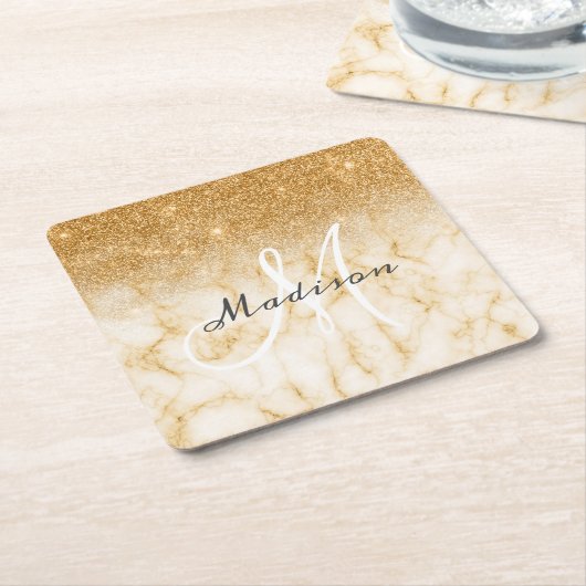Personalisiert-Gelb-Gold-Glitzer-Monogramm-Marmor Rechteckiger Pappuntersetzer (angewinkelt)