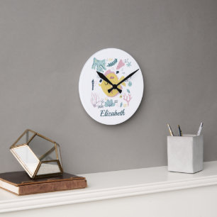 Personalisiert-Gelb-Rosa-Kinderzimmer Runde Wanduhr