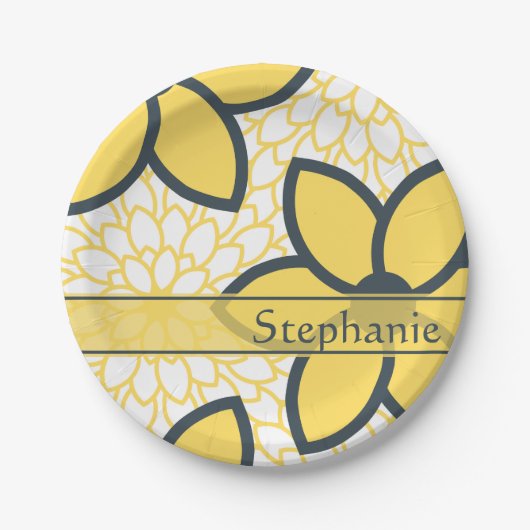 Personalisiert Gelb, weiß, Holzkohle Moderne Blüte Pappteller (Vorderseite)